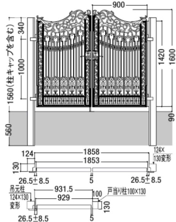 LIXIL　外構　門扉　アルミ鋳物門扉　モダン　 おしゃれ　エクステリア　愛知・名古屋の外構専門店パートナーホームのエクステリア製品一覧　バルセリア　寸法図|パートナーホーム