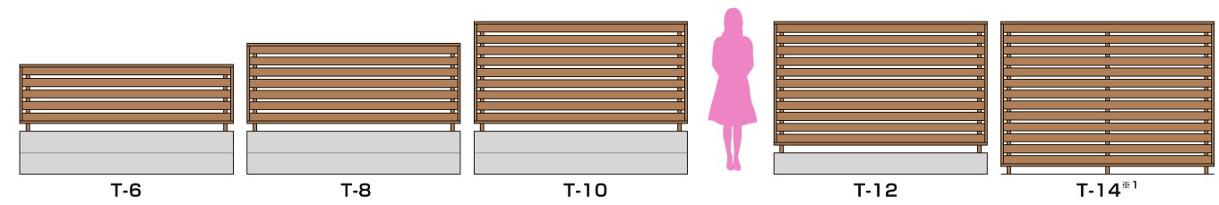 LIXIL　フェンス　外構　モダン　 おしゃれ　エクステリア　愛知・名古屋の外構専門店パートナーホームのエクステリア　製品一覧　フェンスAA木調　本体サイズはT-6からT-14※1 までご用意 プライバシーを守る目隠しや、植栽とのコーディネート、美観の向上など、用途や目的に応じたサイズが選べます。|パートナーホーム