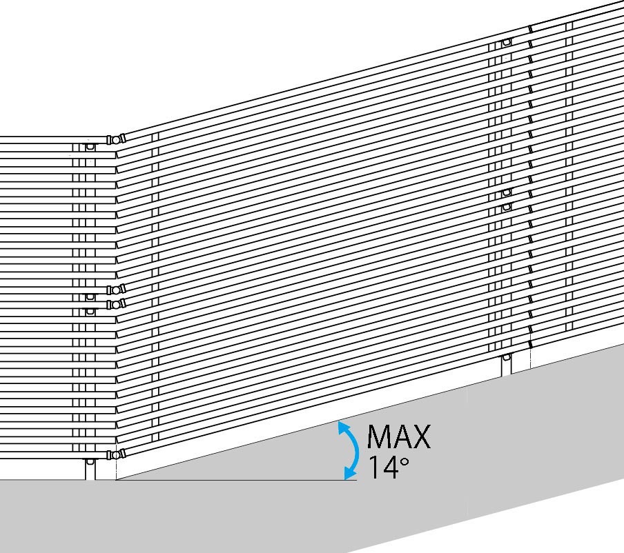 最大１４°までの傾斜に対応しています。 LIXIL　フェンス　外構　モダン　 おしゃれ　エクステリア　愛知・名古屋の外構専門店パートナーホームのエクステリア　製品一覧　プログコートフェンス　F2型|パートナーホーム